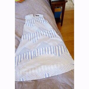 Blue white chevron multi stripe hi-low hem shift dress with pockets XS-S EUC